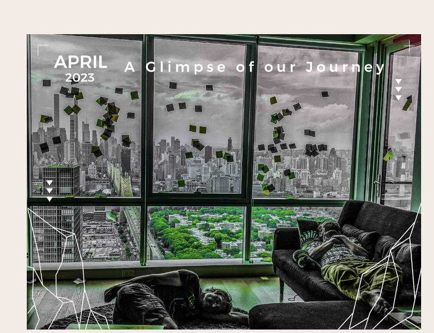 Founders resting in front of a city-view window with planning and idea  post-its stuck everywhere to the windows after a brainstoming session